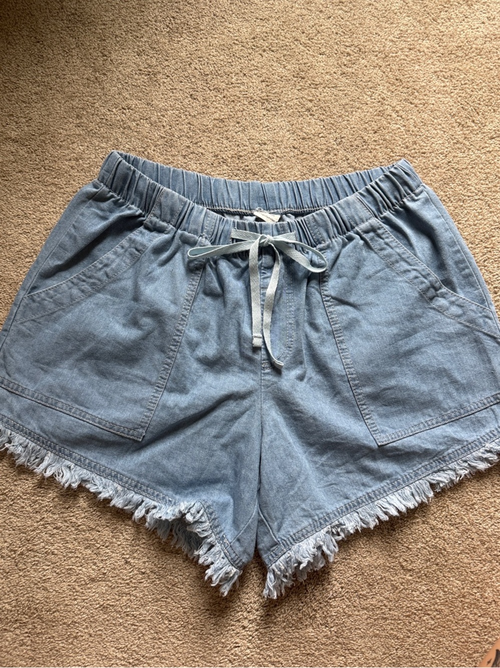 High-Waist Light Blue Fringed Tie-Waist Women's Shorts